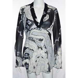 Chico’s 100% Silk Floral-Geo Semi-Sheer Tunic Blouse Black/White/Lavender Small